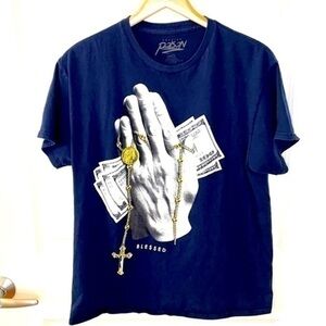 POPULAR POISON | Women’s Dark Blue                    “BLE$$ED” Shirt Size L
